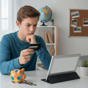 Adolescent qui réfléchit à un inconvénient de la carte Mozaïc en préparant un paiement en ligne sur sa tablette.